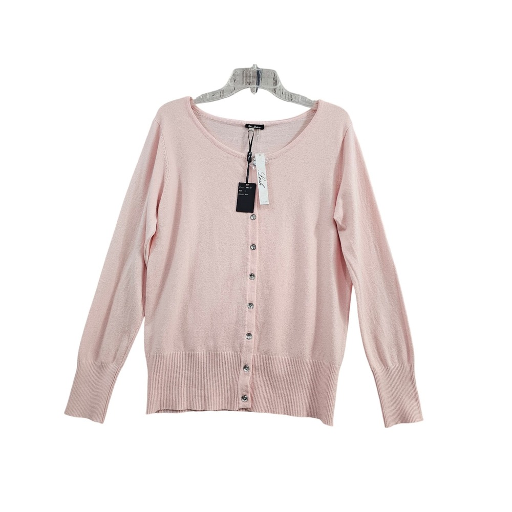 Vila Milano Cardigan Sweater Womens L Pink Solid Wool Blend Rhinestone Button Up